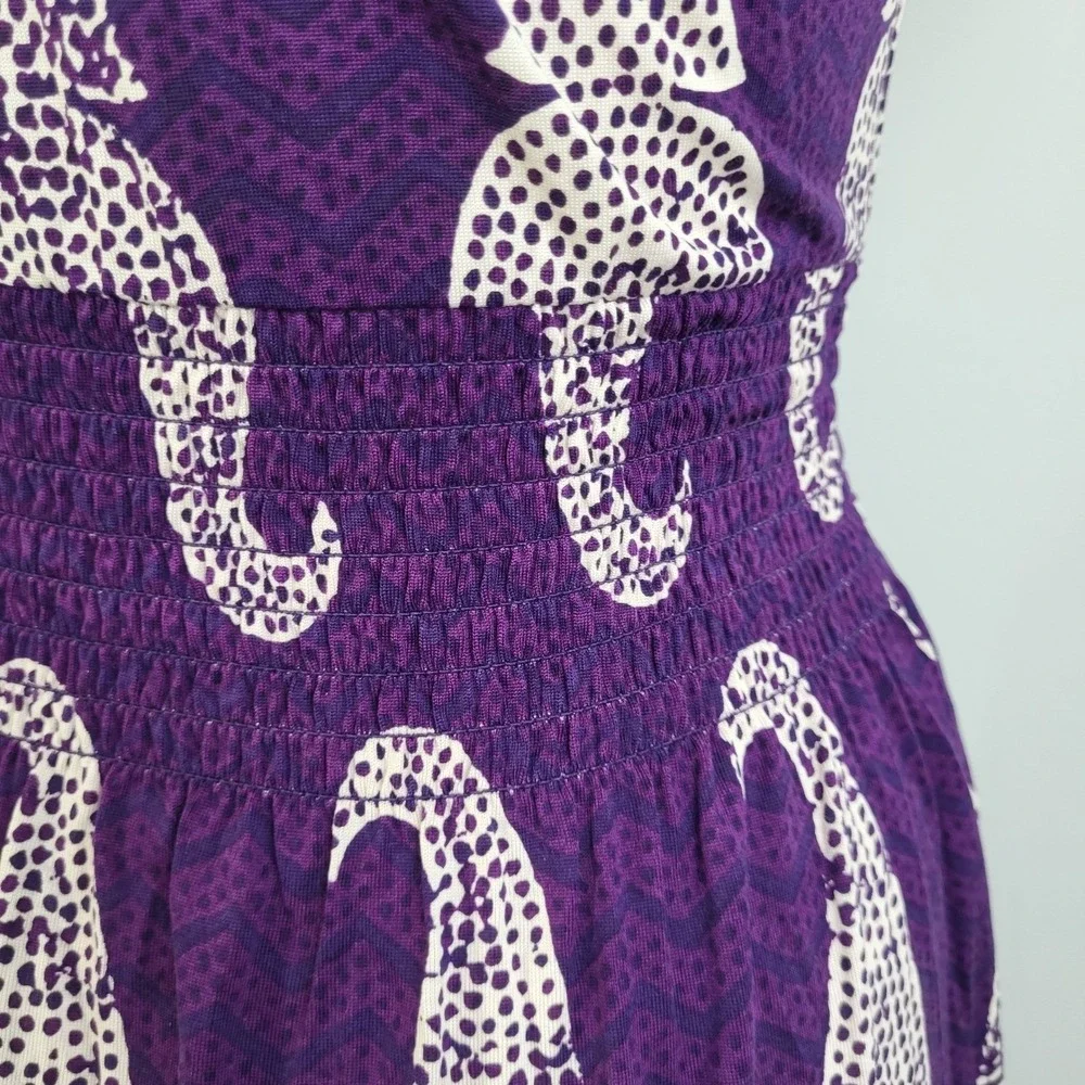 Tory Burch Purple Silk Paisley Smocked Waist V-Neck Dress Size S‎ Garden Party
